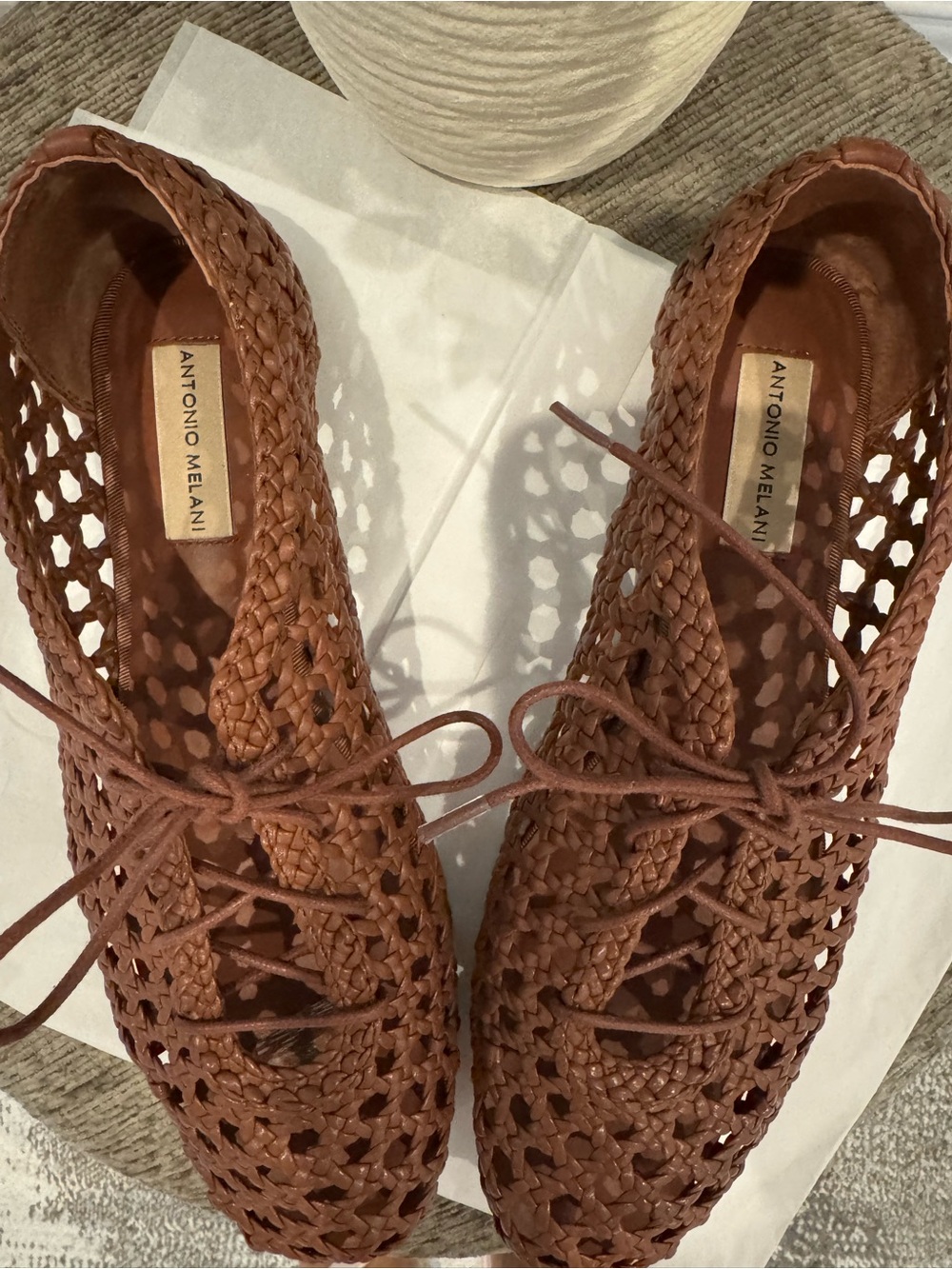 ANTONIO MELANI Brown Woven Leather Lace-Up Flats - Picture 2 of 4